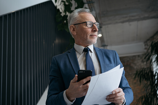 Handsome senior businessman holding financial documents planning project at workplace. Portrait of pensive financier wearing eyeglasses looking away standing in office. Successful business