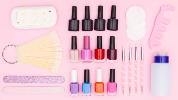 istock Creative pattern made with nail manicure set and products . Flat lay 1415965046