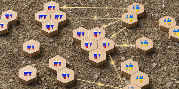 wooden hexagon tiles with people in Russian and Ukrainian colors and interconnecting lines on dirt gravel background - 3d illustration