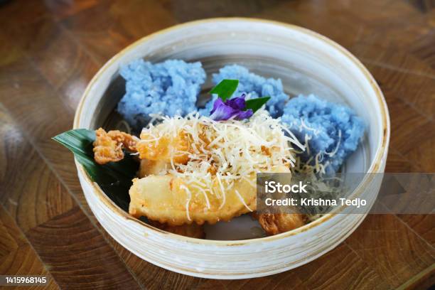 Sweet Fried Banana With Grated Cheese And Sticky Rice Stock Photo - Download Image Now