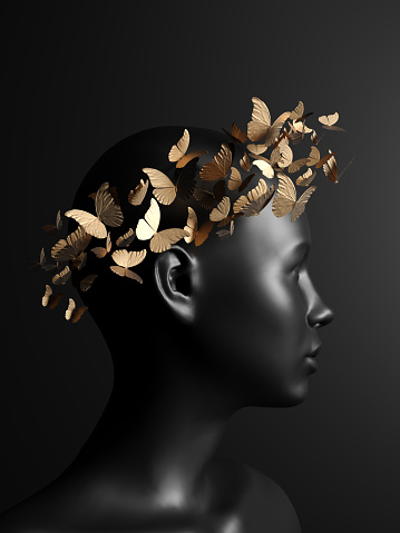 Womans head with butterfly flying wreath on black background. 3 D rendering
