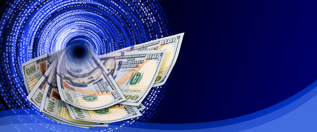 Binary code abstract background with US $100 dollar banknotes. Blue space for copy.