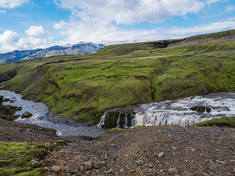 Beautifull waterfall on the Skoga River with no people on famous Fimmvorduhals trail second part of Laugavegur trek. Summer landscape on a sunny day. Amazing in nature. August 2019, South Iceland.