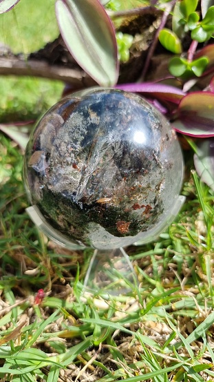 Natural Polished Crystal / geological form captured in the sunlight in greenery/plants/nature