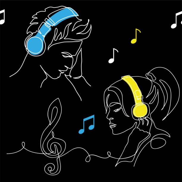 istock Young people listen to music in headphones. Vector pattern with musical notes, treble clef sign, young people. One continuous line art drawing 1415979454