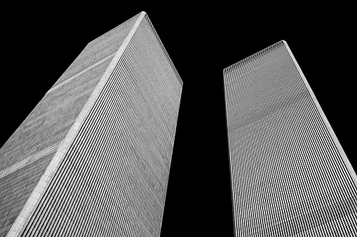 New York, United States of America, USA - September 07, 2001:
World Trade Center. Twin towers. Memory of the tragic attack of 11 September 2001. Architecture and landscape in the foreground.