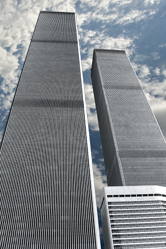 New York, United States of America, USA - September 07, 2001:
World Trade Center. Twin towers. Memory of the tragic attack of 11 September 2001. Architecture and landscape in the foreground.