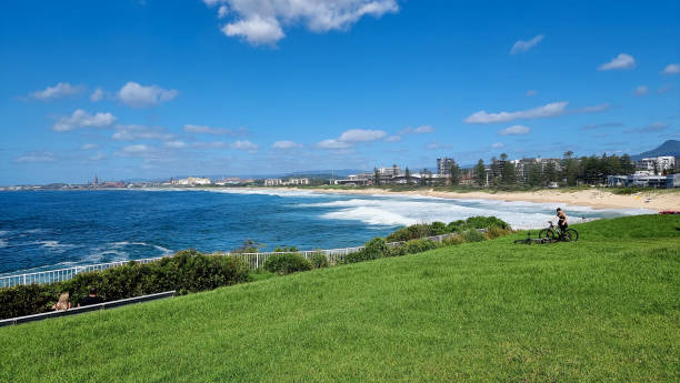 Beachfront waterview surrounded by parklands and grass, on a bright sunny day