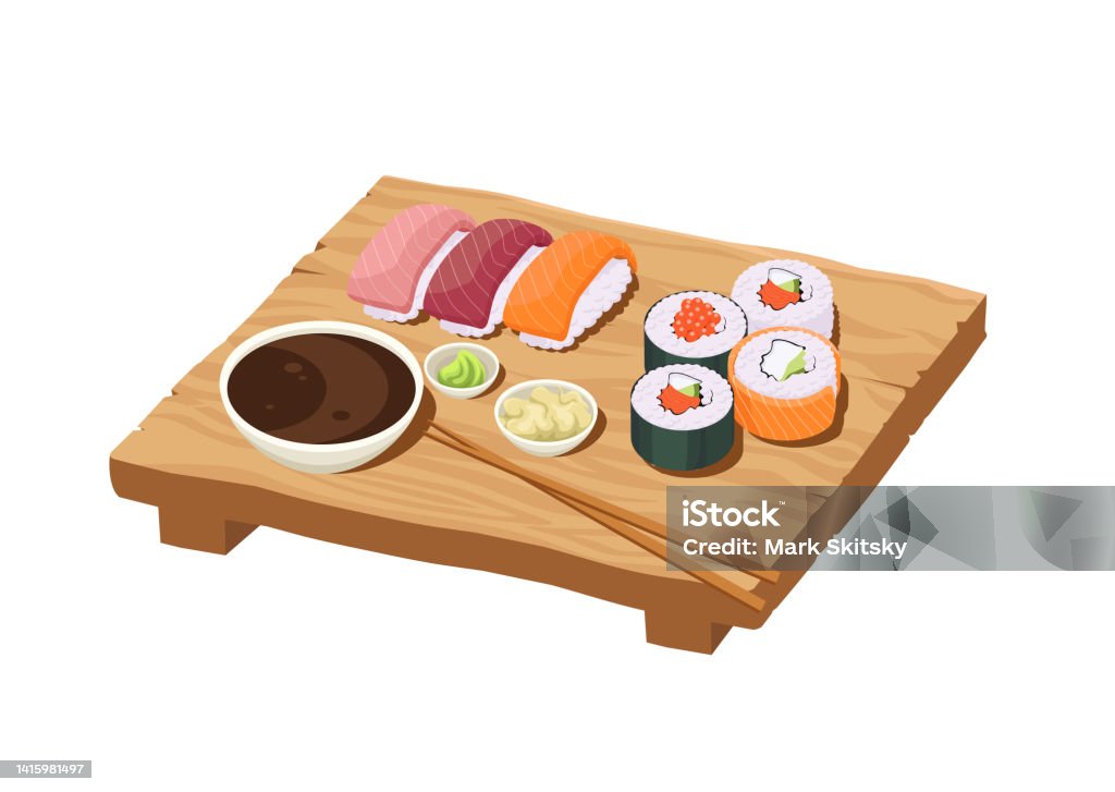 Sushi Set On A Wooden Board Cartoon Vector Illustration Sushi Rolls Nigiri  Wasabi Ginger Sticks Caviar Sashimi Set In Cartoon Style Japanese Food  Stock Illustration - Download Image Now - iStock