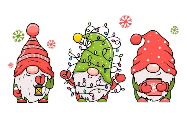 Vector illustration of Cute cartoon Christmas gnomes with gifts.
