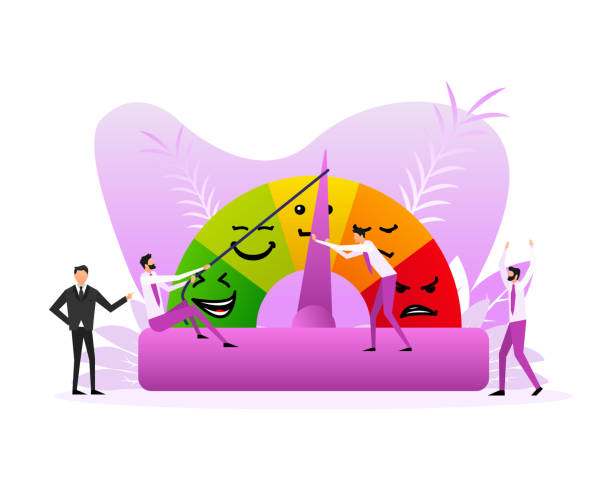 feedback-vektor-konzept mit flachen menschen. rang, grad der zufriedenheitsbewertung. vektorillustration. - dem menschlichen gesicht ähnliches smiley symbol stock-grafiken, -clipart, -cartoons und -symbole