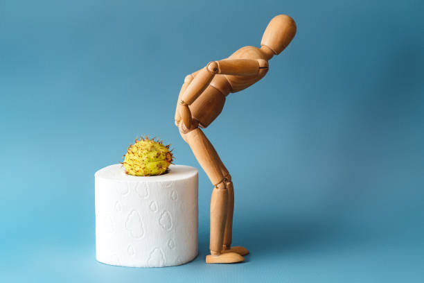 Wooden figure sit on a roll of toilet paper. Concept of the problem with hemorrhoids. stock photo
