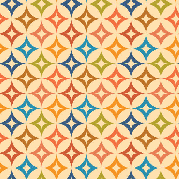 mid century moderne bunte starburst auf beige kreise nahtloses muster. - brown seamless backgrounds pattern stock-grafiken, -clipart, -cartoons und -symbole