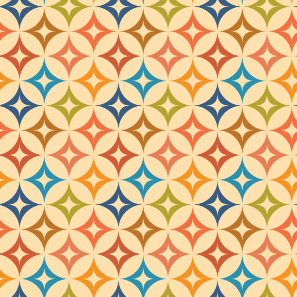 Mid century modern colorful starburst on beige circles seamless pattern. Mid century modern colorful starburst on beige circles seamless pattern. For home décor, textile, fabric and wrapping paper illusion pattern circle image created 1960s stock illustrations