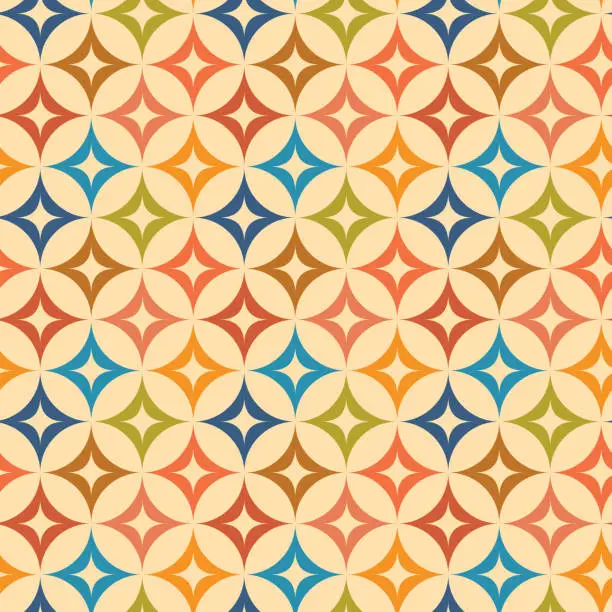 Vector illustration of Mid century modern colorful starburst on beige circles seamless pattern.