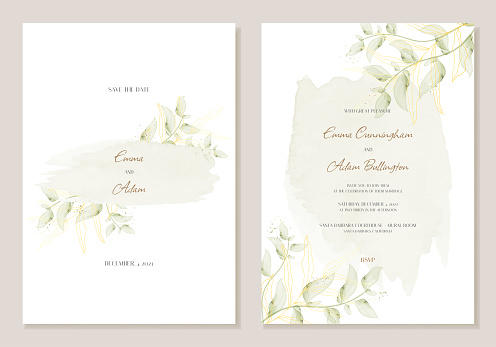 A delicate wedding invitation with watercolours, leaves and sequins in a spring and autumnal style. Vector