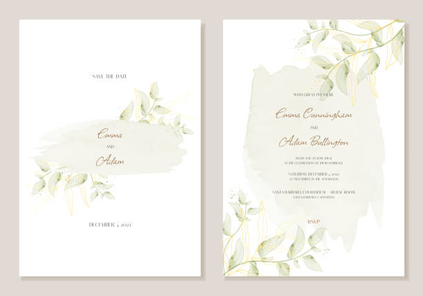 A delicate wedding invitation with watercolours, leaves and sequins in a spring and autumnal style. Vector A delicate wedding invitation with watercolours, leaves and sequins in a spring and autumnal style. Vector wedding invitation stock illustrations