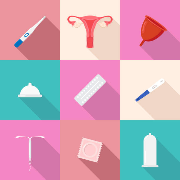 ilustrações de stock, clip art, desenhos animados e ícones de a set of flat icons on the topic of female reproductive health, contraception and pregnancy planning. vector - sex education condom contraceptive sex