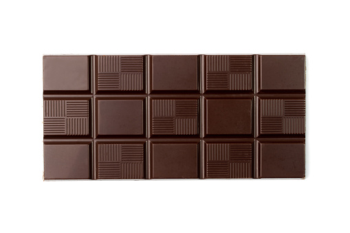 Chocolate bar isolated. A whole chocolate blok with square segments in foil packaging on white background top view