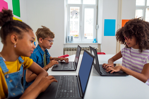 Students Learning Coding Language Young Students Learn About Coding In Elementary School Stock Photo ...