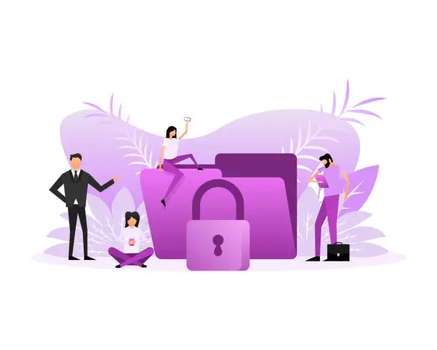 Vector illustration of Data secure people. Personal data security concept. Cyber safety concept