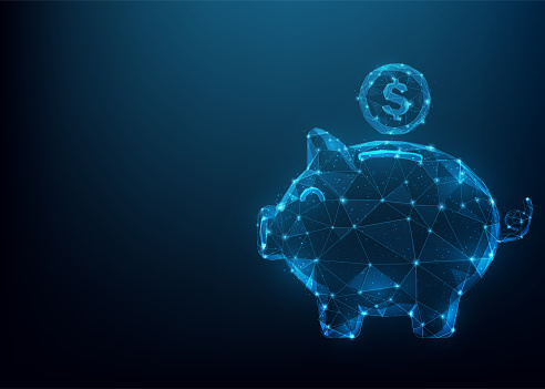 Abstract piggy bank low poly wireframe. save money business concept. copy space for text input. isolated on blue dark background. vector illustration futuristic glowing.