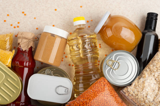istock Emergency groceries food background with copyspace 1415994231