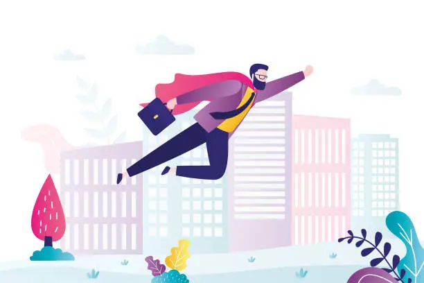 Vector illustration of Businessman looking like super hero flies through the sky. Male worker with improved skills. Boost your business, acceleration of profit. High performance at work.