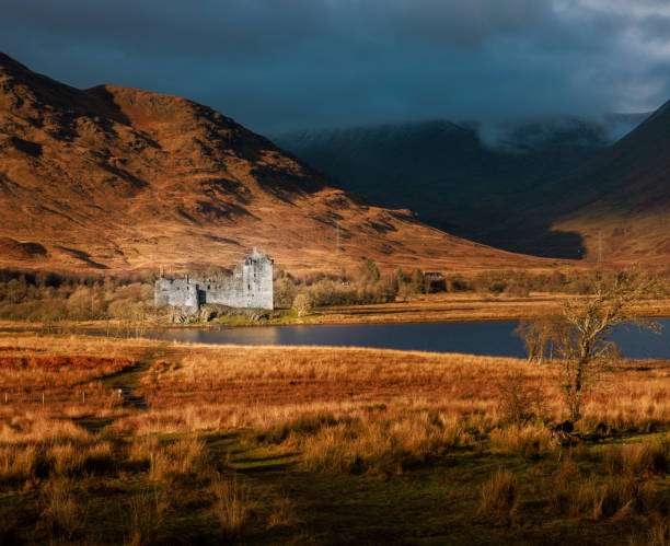 Scottish castle nestled in the highlands next to a loch Kilchurn castle next to loch awe in the Scottish highlands and mountains scottish highlands castle stock pictures, royalty-free photos & images