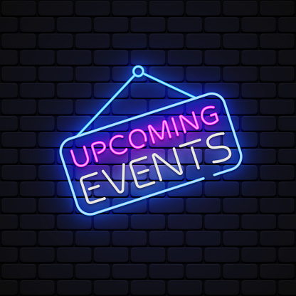 Upcoming Events neon sign vector. Upcoming Events Design template, light banner, night signboard, nightly bright advertising, light inscription. Vector illustration.