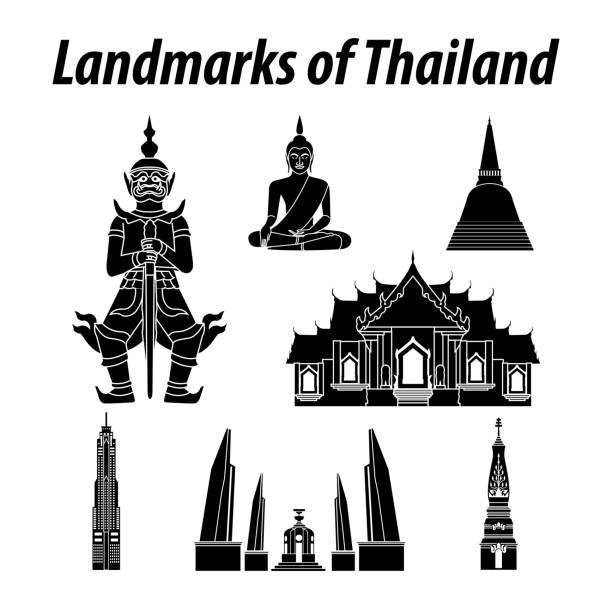 실루엣 스타일로 태국의 유명한 랜드 마크의 번들 - bangkok thailand temple skyline stock illustrations