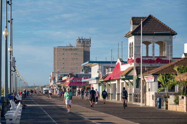 Rehoboth Beach, Delaware - August 8, 2022 - Hotels and shops along the boardwalk in Rehoboth Beach in Delaware