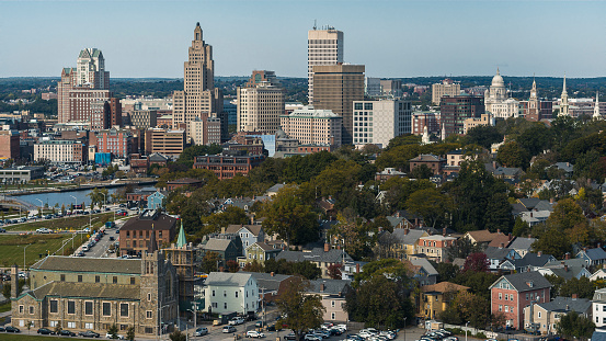 Downtown view of Providence with famous buildings and Providence River, Rhode Island.