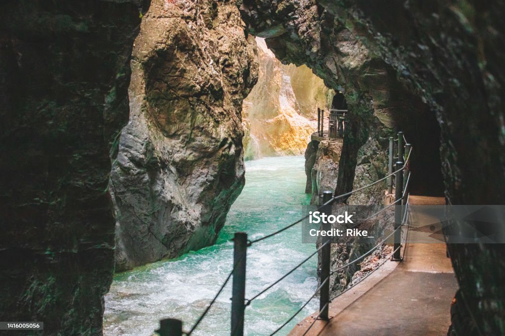 Wet dripping canyon in daylight Partnach Gorge Stock Photo