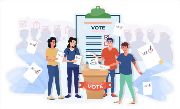 Vector illustration of People voting at the elections. Group of voters with ballot papers making a choice. Electorate flat vector illustration. Referendum.