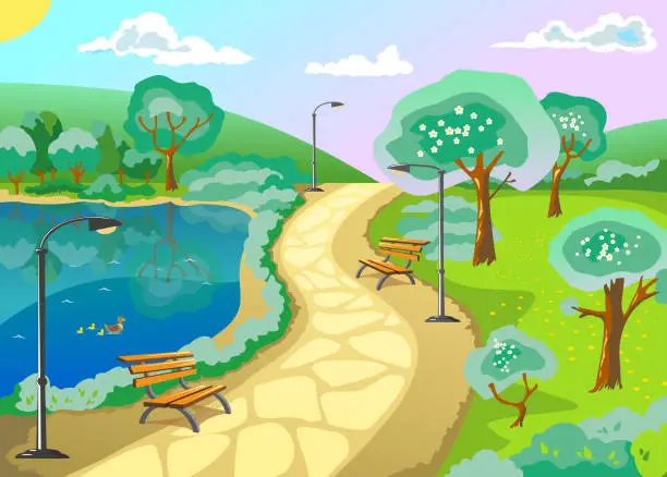 Vector illustration of Spring landscape. Park with a pond, alley, trees. Season. Warm weather. Flat vector illustration.