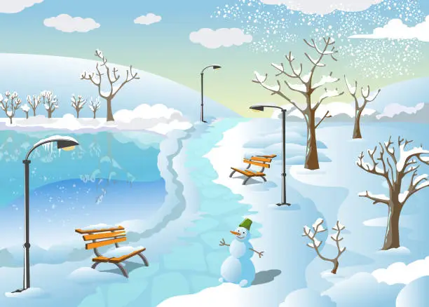 Vector illustration of Winter landscape. Park covered with snow. Postcard picture. Illustration for kids. Snowman, trees, frozen pond. Flat vector.