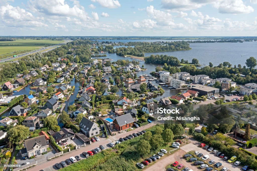 Aerial from the village Vinkeveen at the Vinkeveense Plassen in the Netherlands Aerial View Stock Photo