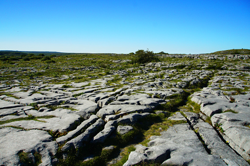 The Burren in Ireland, Country Clare, close to Poulnabrone dolmen. High contrast vacation idyllic landscape. High quality photo