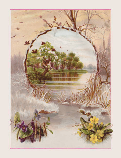 View from winter to spring, chromolithograph, published in 1887 Longing look from the cold winter time to the warm spring time. Chromolithograph, published in 1887. primrose window stock illustrations