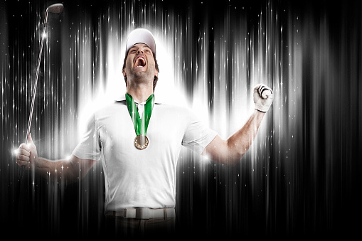 Golf Player with a white uniform on a black and white background looking like a super hero.