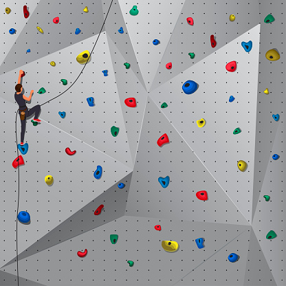 Vector illustration of indoor rock climing.Female climber clinging to climbing wall.Climbing in the gym.