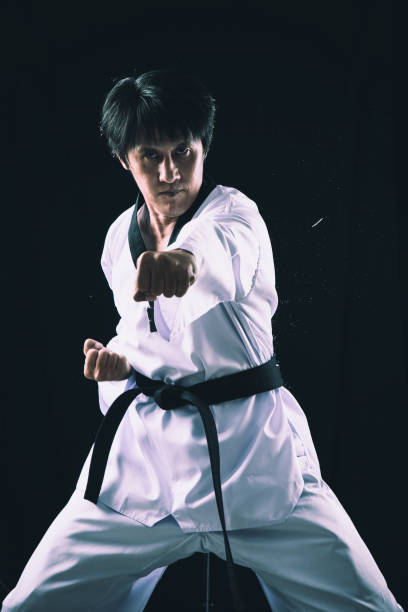 블랙 레드 벨트 태권도 가라테 남성 운동 선수 남자 쇼 전통적인 파이팅 포즈 펀치 - do kwon 뉴스 사진 이미지