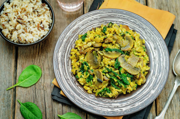 istock Mushrooms spinach turmeric brown rice in a plate 1416012418