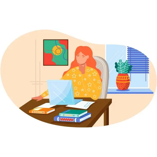 Vector illustration of Woman with laptop thinking about content vector
