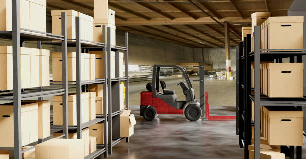 istock Logistic and merchandise warehouse with parcel racks for shipment and forklift machine. Concept of trade and distribution centers. 3D illustration. 1416015300