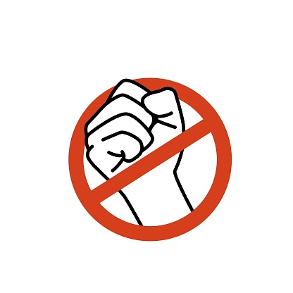 Fist and Red Forbidden Sign. Violence prohibition icon. Line art concept. Campaign Poster Template. Vector illustration