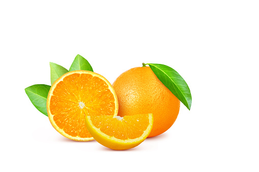 Orange citrus fruit isolated on white background. Two orange fruits cut half and slice with green leaves.