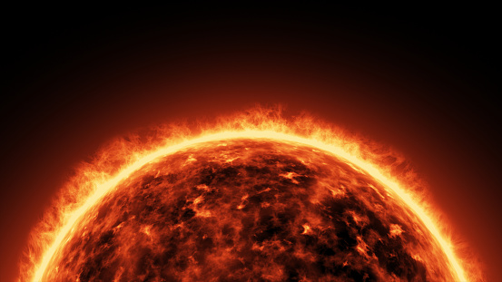 Sequence showing solar activity on the surface of the sun. Cinematic background. Background for video intro. Empty copy space for text, title or logo design. Place for ads.