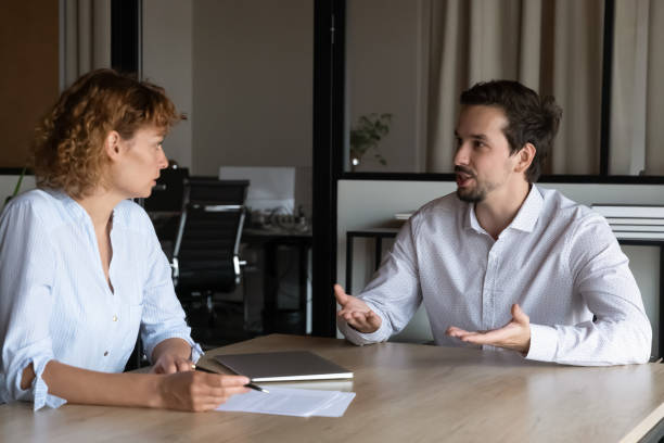 istock Young female hr manager holding job interview with candidate. 1416018681